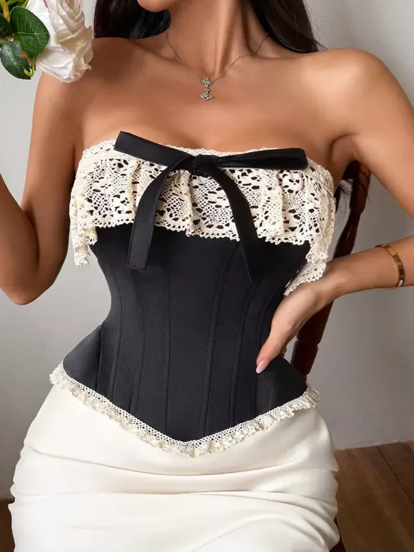 Corset Top Burgundy Sexy Sleeveless Strapless Slim Fit Lace Bows Lace-ups Tops