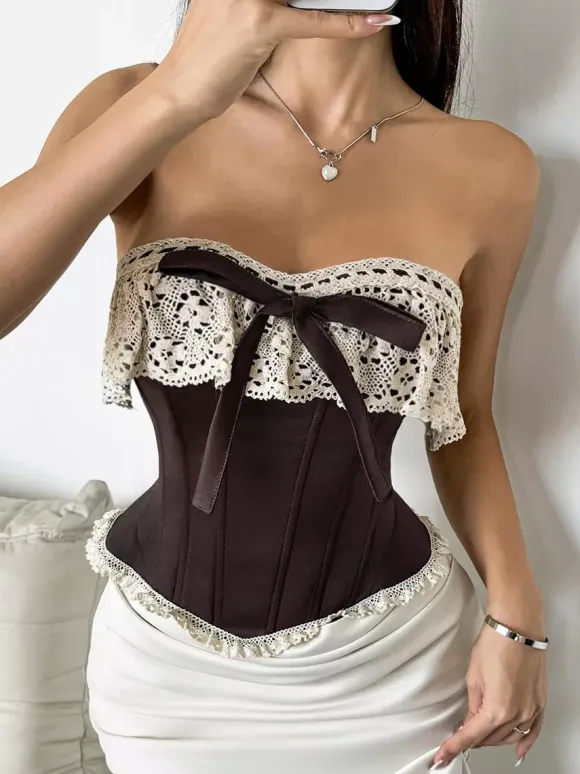 Corset Top Burgundy Sexy Sleeveless Strapless Slim Fit Lace Bows Lace-ups Tops
