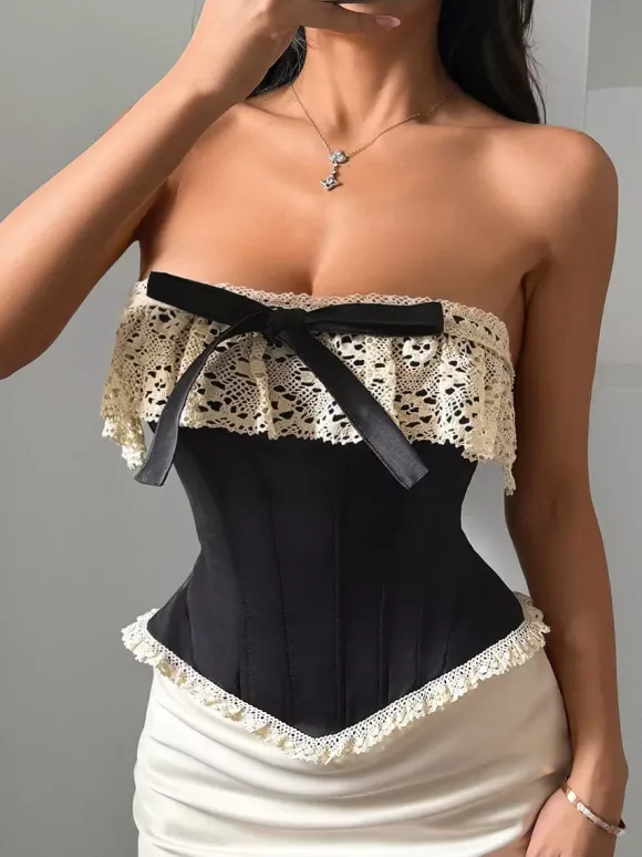 Corset Top Burgundy Sexy Sleeveless Strapless Slim Fit Lace Bows Lace-ups Tops
