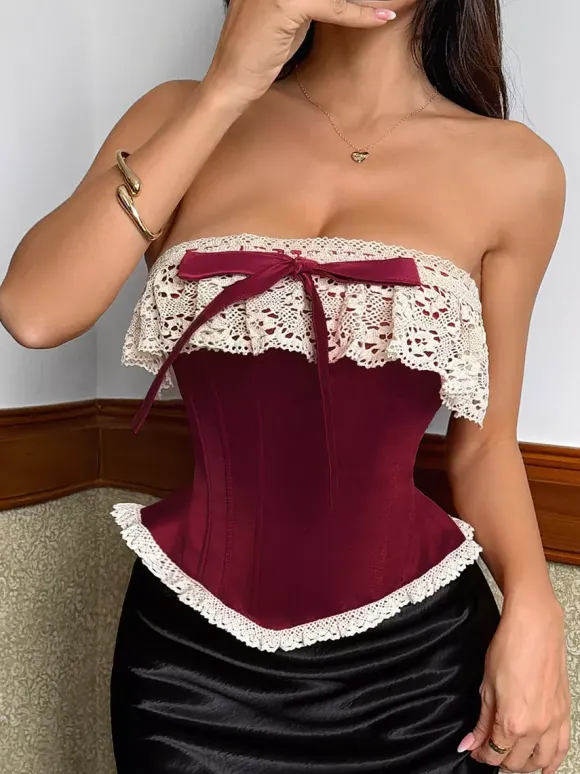 Corset Top Burgundy Sexy Sleeveless Strapless Slim Fit Lace Bows Lace-ups Tops
