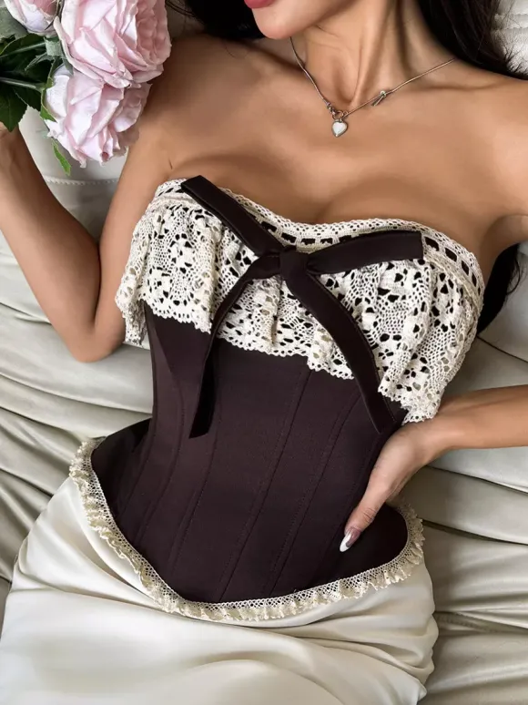 Corset Top Burgundy Sexy Sleeveless Strapless Slim Fit Lace Bows Lace-ups Tops