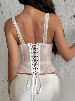Corset Tops Apricot Sexy Sleeveless Straps Neck Slim Fit Lace Lace-up Tops