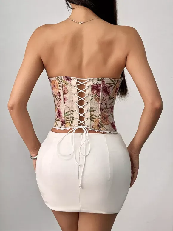 Corset Tops Apricot Sexy Sleeveless Strapless Slim Fit Lace Up Lace-up Tops