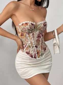 Corset Tops Apricot Sexy Sleeveless Strapless Slim Fit Lace Up Lace-up Tops