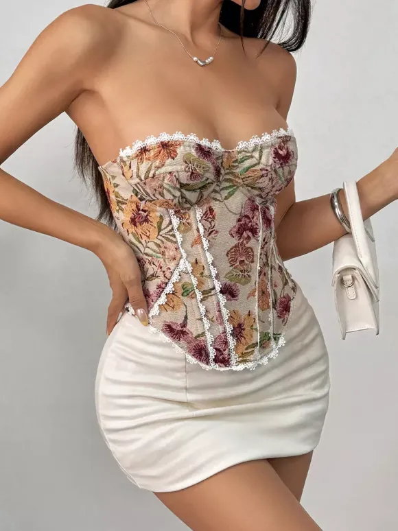 Corset Tops Apricot Sexy Sleeveless Strapless Slim Fit Lace Up Lace-up Tops