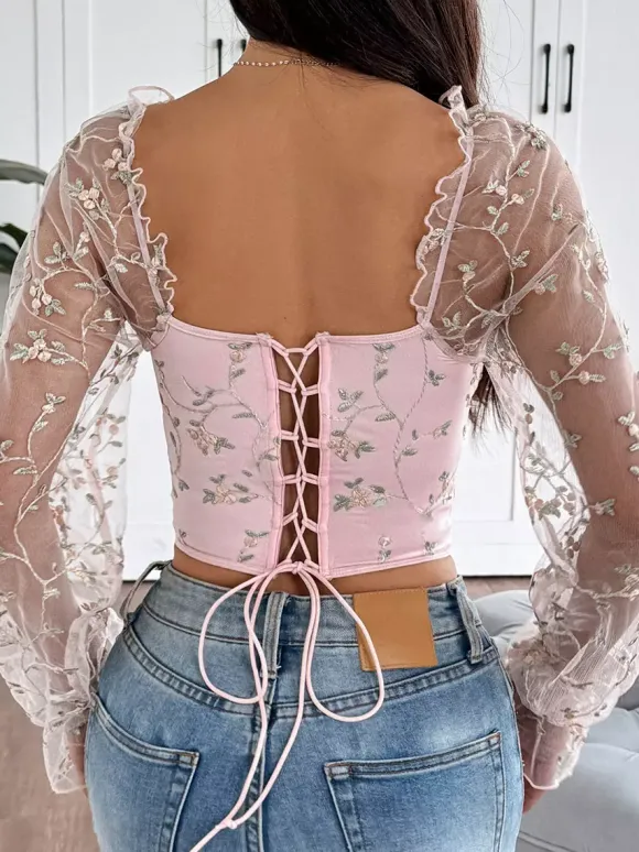 Corset Tops Black Chic Illusion Sleeves Long Sleeves Straps Neck Slim Fit Sheer Lace-up Tops