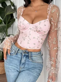 Corset Tops Black Chic Illusion Sleeves Long Sleeves Straps Neck Slim Fit Sheer Lace-up Tops