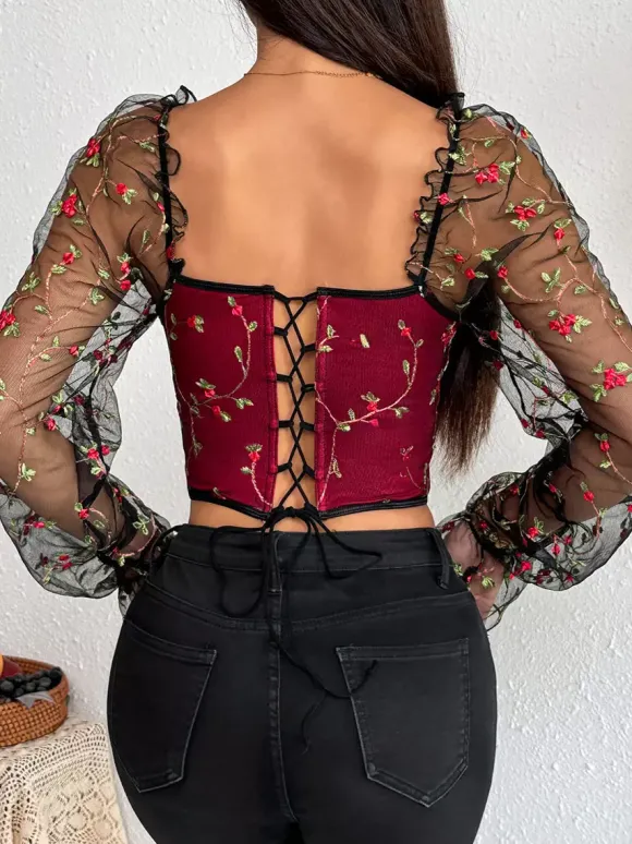 Corset Tops Black Chic Illusion Sleeves Long Sleeves Straps Neck Slim Fit Sheer Lace-up Tops