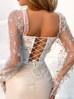 Corset Tops Black Chic Illusion Sleeves Long Sleeves Straps Neck Slim Fit Sheer Lace-up Tops