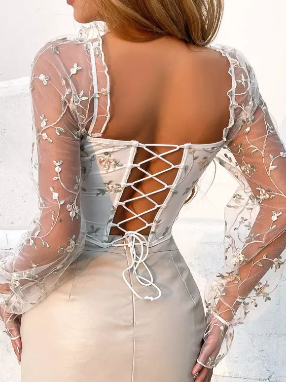 Corset Tops Black Chic Illusion Sleeves Long Sleeves Straps Neck Slim Fit Sheer Lace-up Tops