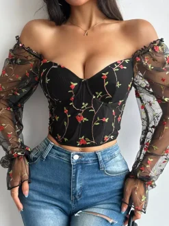 Corset Tops Black Chic Illusion Sleeves Long Sleeves Straps Neck Slim Fit Sheer Lace-up Tops