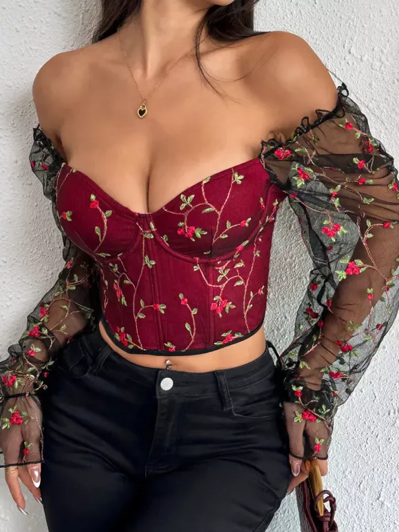 Corset Tops Black Chic Illusion Sleeves Long Sleeves Straps Neck Slim Fit Sheer Lace-up Tops