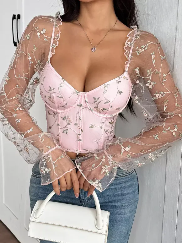 Corset Tops Black Chic Illusion Sleeves Long Sleeves Straps Neck Slim Fit Sheer Lace-up Tops