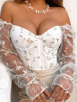 Corset Tops Black Chic Illusion Sleeves Long Sleeves Straps Neck Slim Fit Sheer Lace-up Tops