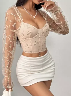 Corset Tops Black Chic Illusion Sleeves Long Sleeves Straps Neck Slim Fit Sheer Lace-up Tops