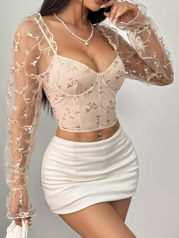 Corset Tops Black Chic Illusion Sleeves Long Sleeves Straps Neck Slim Fit Sheer Lace-up Tops