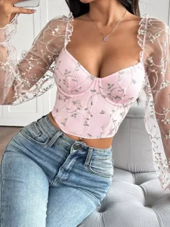Corset Tops Black Chic Illusion Sleeves Long Sleeves Straps Neck Slim Fit Sheer Lace-up Tops