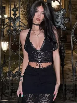 Corset Tops Black Chic Sleeveless V-Neck Cropped Lace With Front Lace-up