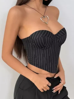 Corset Tops Black Chic Sleeveless Strapless Slim Fit Lace-up Tops