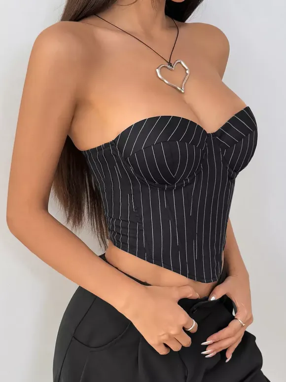 Corset Tops Black Chic Sleeveless Strapless Slim Fit Lace-up Tops