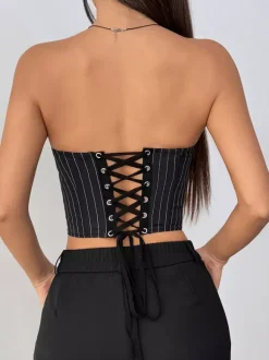 Corset Tops Black Chic Sleeveless Strapless Slim Fit Lace-up Tops