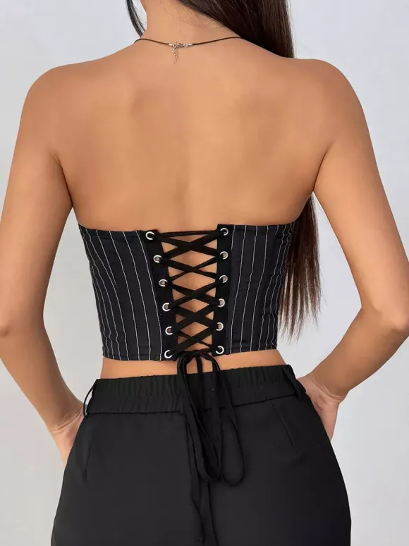 Corset Tops Black Chic Sleeveless Strapless Slim Fit Lace-up Tops