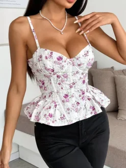 Corset Tops Black Corset Tops Chic Straps Neck Slim Fit Peplum Lace-up Tops