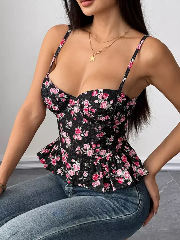 Corset Tops Black Corset Tops Chic Straps Neck Slim Fit Peplum Lace-up Tops