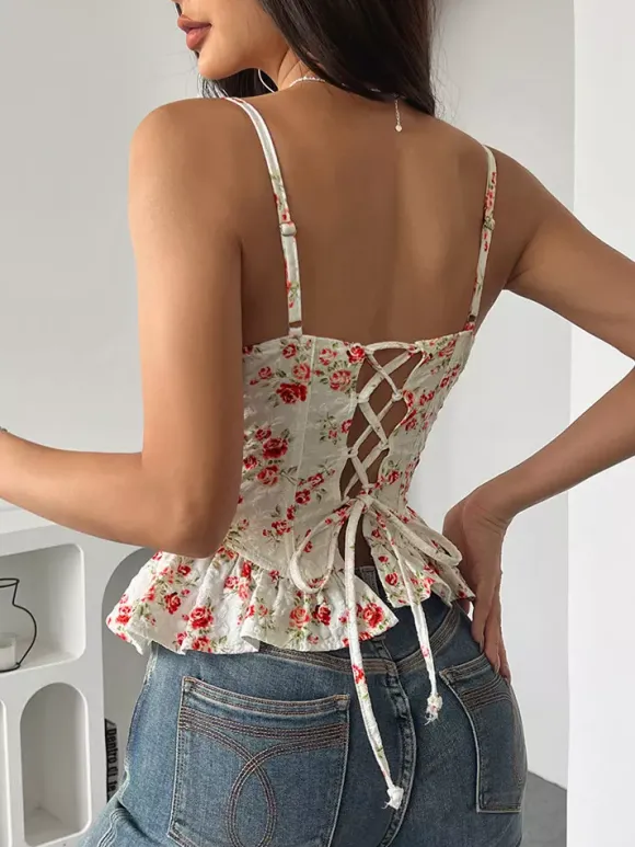 Corset Tops Black Corset Tops Chic Straps Neck Slim Fit Peplum Lace-up Tops