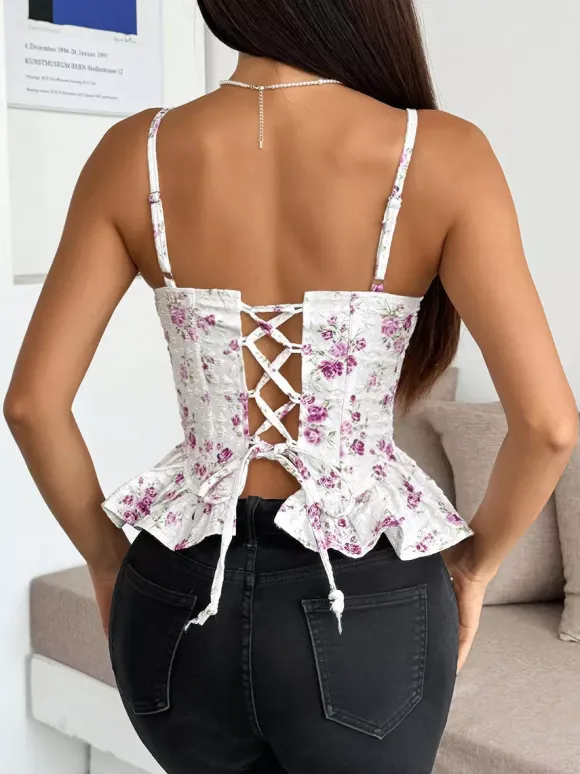 Corset Tops Black Corset Tops Chic Straps Neck Slim Fit Peplum Lace-up Tops