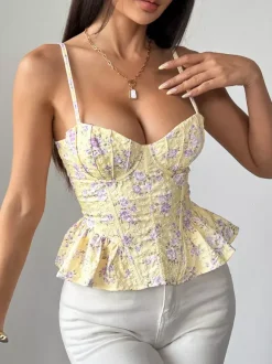 Corset Tops Black Corset Tops Chic Straps Neck Slim Fit Peplum Lace-up Tops