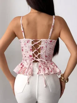 Corset Tops Black Corset Tops Chic Straps Neck Slim Fit Peplum Lace-up Tops