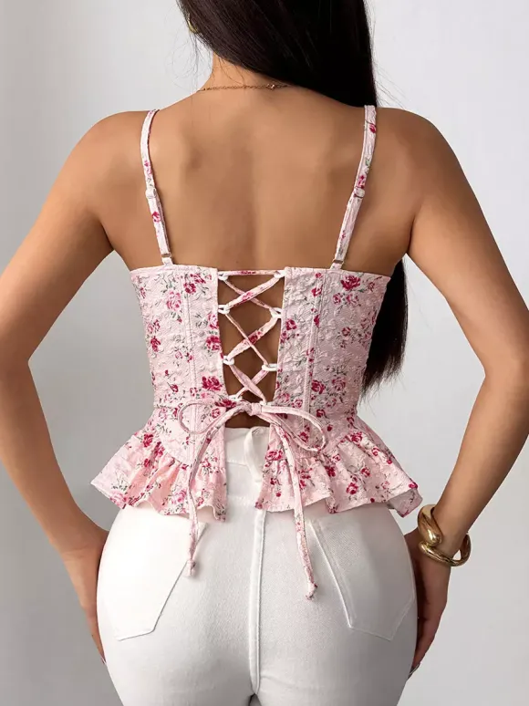 Corset Tops Black Corset Tops Chic Straps Neck Slim Fit Peplum Lace-up Tops