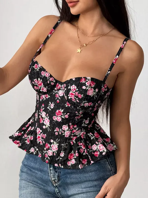 Corset Tops Black Corset Tops Chic Straps Neck Slim Fit Peplum Lace-up Tops