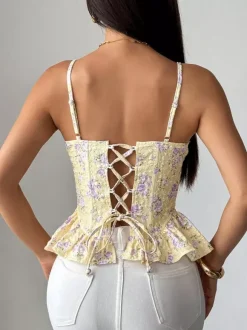 Corset Tops Black Corset Tops Chic Straps Neck Slim Fit Peplum Lace-up Tops