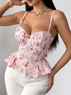 Corset Tops Black Corset Tops Chic Straps Neck Slim Fit Peplum Lace-up Tops