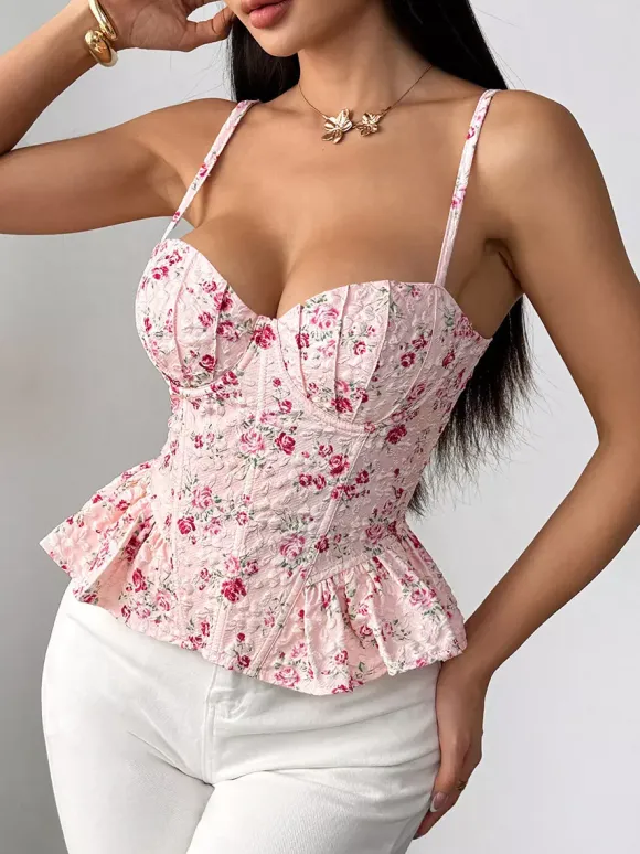 Corset Tops Black Corset Tops Chic Straps Neck Slim Fit Peplum Lace-up Tops