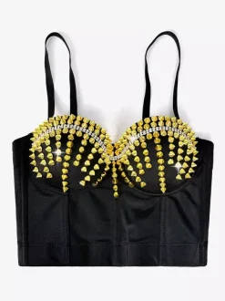 Corset Tops Black Gold Sexy Sleeveless Straps Neck Slim Fit Rivets Tops