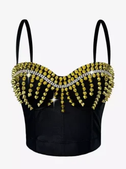 Corset Tops Black Gold Sexy Sleeveless Straps Neck Slim Fit Rivets Tops