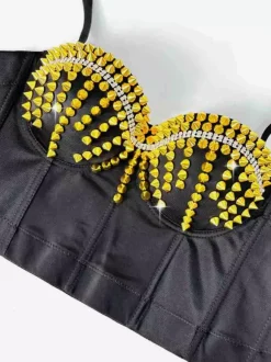 Corset Tops Black Gold Sexy Sleeveless Straps Neck Slim Fit Rivets Tops