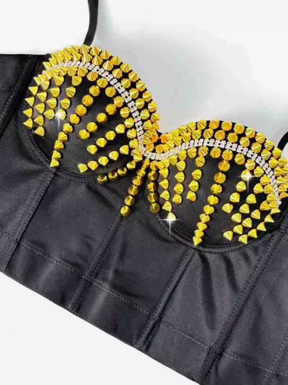 Corset Tops Black Gold Sexy Sleeveless Straps Neck Slim Fit Rivets Tops