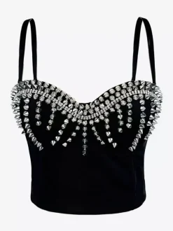 Corset Tops Black Gold Sexy Sleeveless Straps Neck Slim Fit Rivets Tops