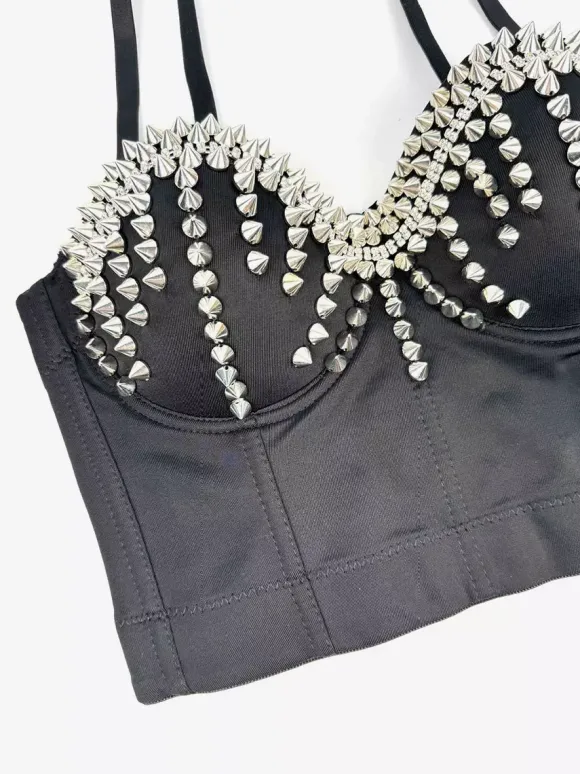 Corset Tops Black Gold Sexy Sleeveless Straps Neck Slim Fit Rivets Tops