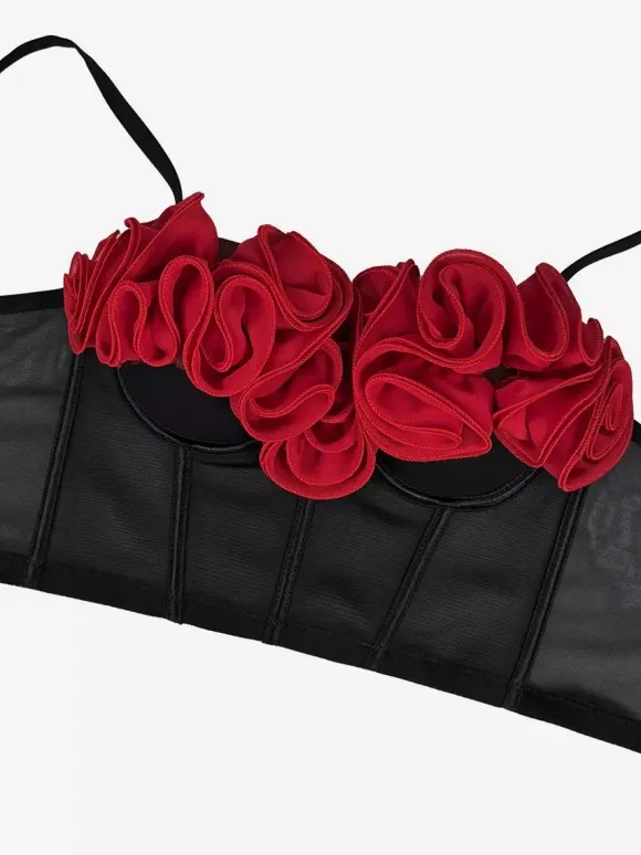 Corset Tops Black+Red Sexy Sleeveless Strapless Slim Fit Flowers Tops