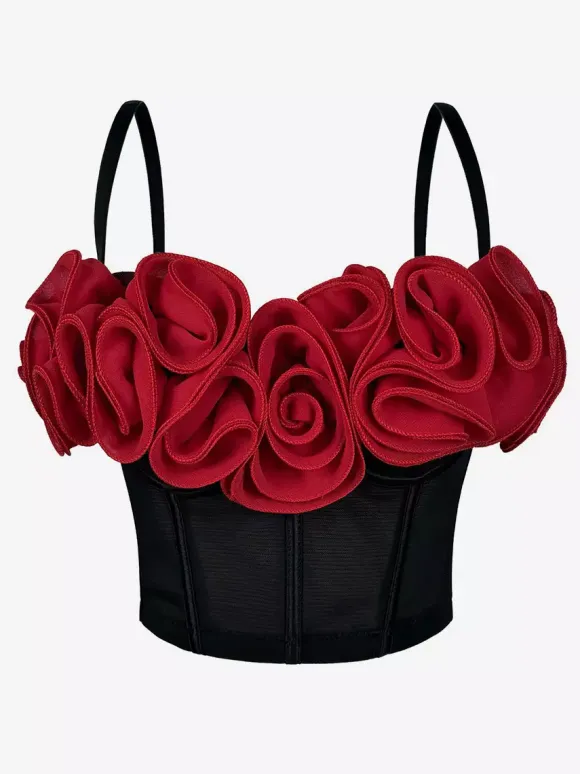 Corset Tops Black+Red Sexy Sleeveless Strapless Slim Fit Flowers Tops