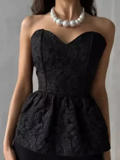 Corset Tops Black Sexy Lace-up Strapless Jacquard Corset Top Peplum Bustier