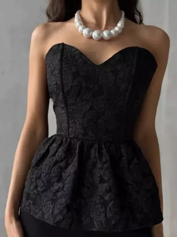 Corset Tops Black Sexy Lace-up Strapless Jacquard Corset Top Peplum Bustier
