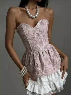 Corset Tops Black Sexy Lace-up Strapless Jacquard Corset Top Peplum Bustier