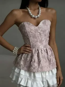 Corset Tops Black Sexy Lace-up Strapless Jacquard Corset Top Peplum Bustier