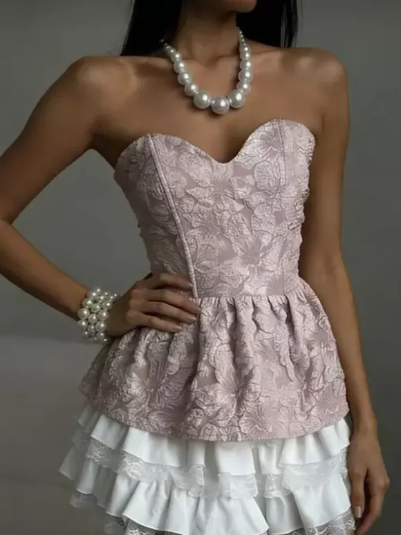 Corset Tops Black Sexy Lace-up Strapless Jacquard Corset Top Peplum Bustier
